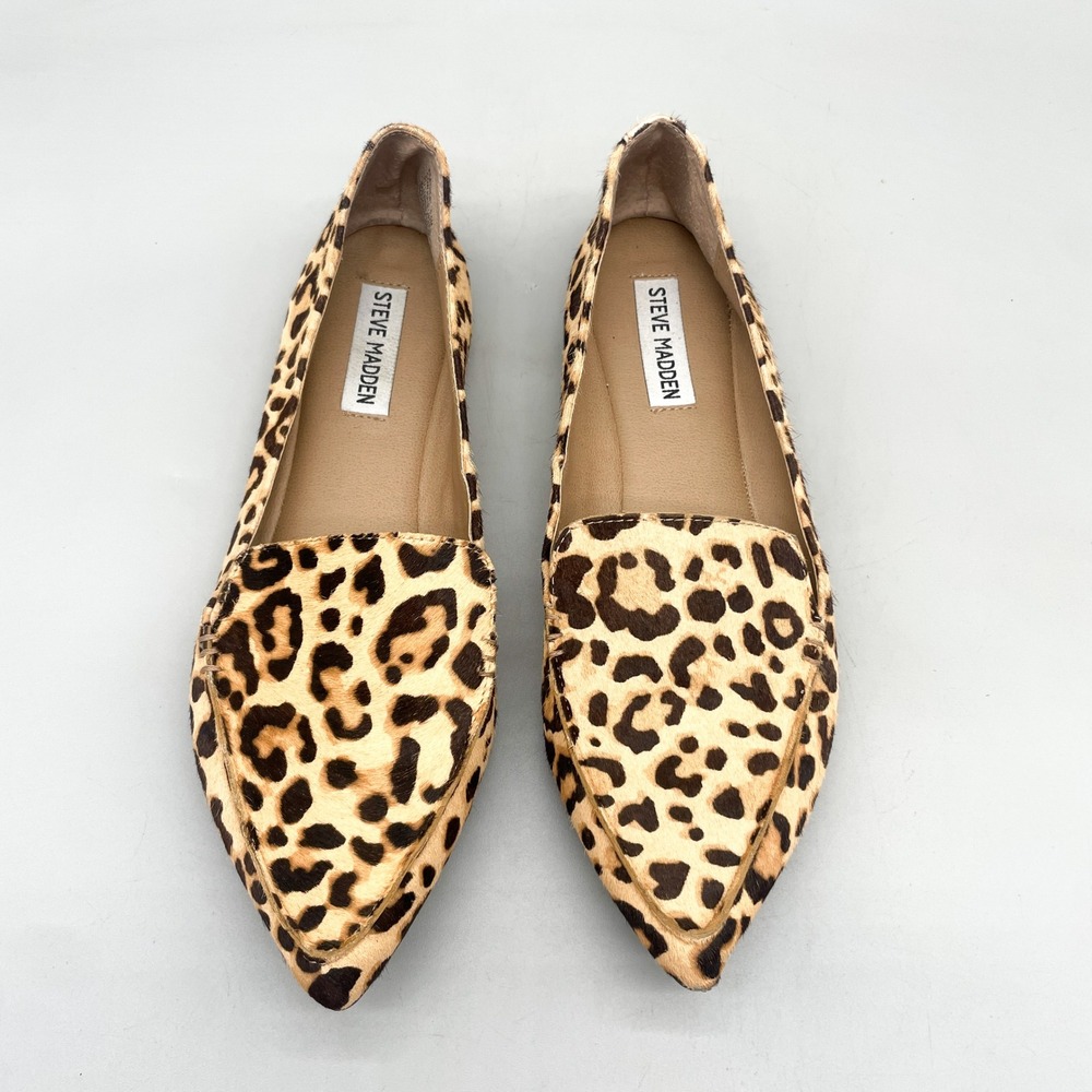 Steve Madden Womens 8.5M Feather Loafer Flats Leopard Calf Hair Pointed Toe